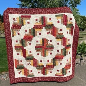 Handmade Log Cabin Quilt Autumn Leaves Red Green Gold Barn Raising Pattern 74x74